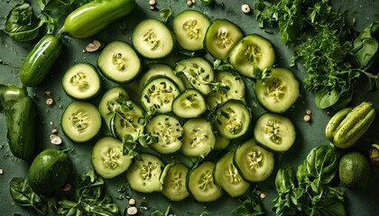 Wall Mural - Freshly sliced cucumbers arranged in a circular pattern with green herbs on a textured green surface. The vibrant shades of green evoke a healthy, refreshing, and natural theme, perfect for food or