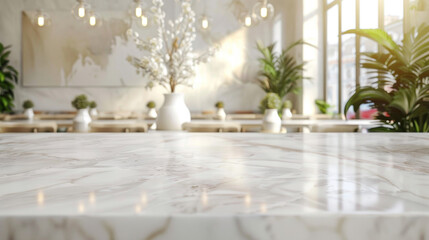 Poster - Stone marble table top and blurred background. Blank copy space for montage product display.