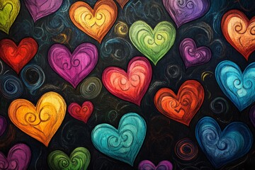 Wall Mural - A vibrant and colorful pattern of hearts, each in different shades. 