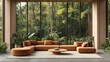 © Andrei - Spacious Living Room. Modern Brown Sofa Set Overlooking a Tranquil Greenery View, 3D Rendering.