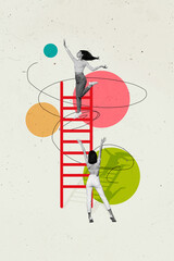 Poster - Collage image artwork of cheerful happy people girls climbing stairs isolated on creative drawing background