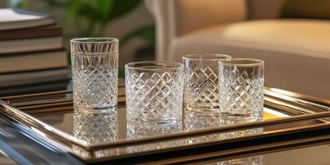 Four clear glasses on a gold tray.