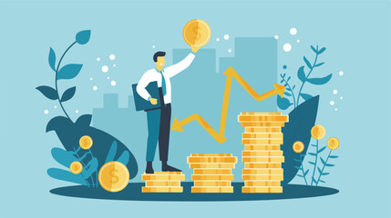 Financial growth concept. Young businessman earn more profit, make money from cryptocurrency