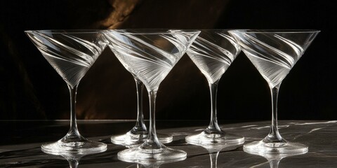 Wall Mural - Four empty martini glasses on a black surface.