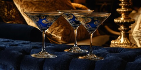 Wall Mural - Three martini glasses on blue velvet cushion.