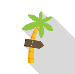 Wall Mural - Wooden sign is attached to a palm tree, pointing to the right, with a long shadow cast on a white background