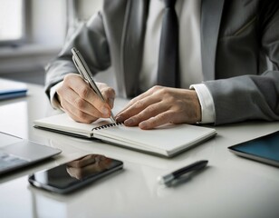 Wall Mural - Office tools and gadgets symbolizing an assistant's role, featuring items like a notebook, pen, and smartphone, representing organization, support, and efficiency.