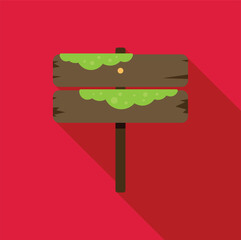 Wall Mural - Empty wooden signpost with green moss pointing the way on red background