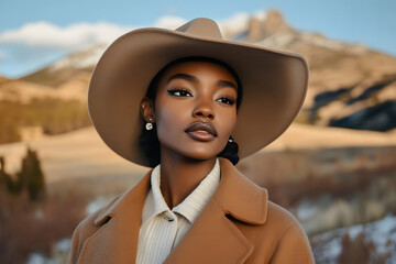 Wall Mural - beautiful black woman wearing a camel brown wool coat, cowboy hat, scenic mountains in the background