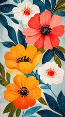 Wall Mural - colorful flowers and leaves set illustration poster background