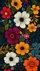 Wall Mural - colorful flowers and leaves set illustration poster background