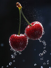 Juicy cherries splashing into water, showcasing freshness and vibrant red color against a clean background