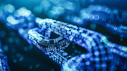 Poster - Digital blue chain with binary code on a dark background