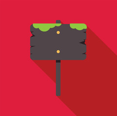 Poster - old wooden blank signboard with nails and moss growing on top is standing on a pole, flat cartoon st