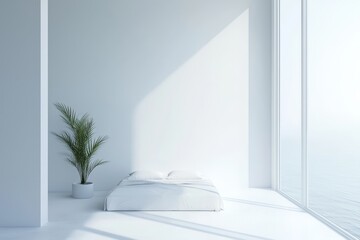 Wall Mural - 3D render of a minimalistic classic white bed in a modern bedroom or hotel room with an ocean view.