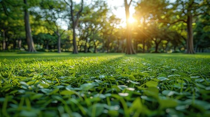 Green meadow in the park with trees and sky in summer  