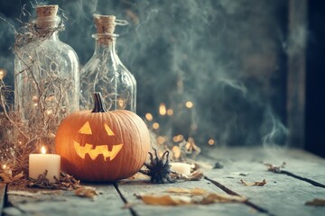 A jack-o-lantern sitting on top of a wooden table next to two bottles.