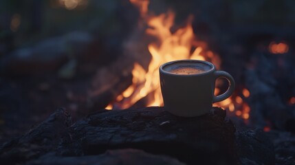 Poster - A cup of coffee sitting on top of a log