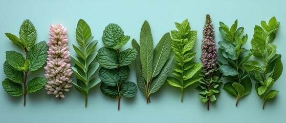 Wall Mural - Assorted Green Herbs and a Pink Flower on a Light Blue Background