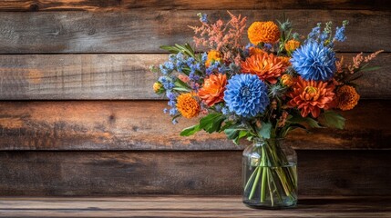 Canvas Print - A vase filled with colorful flowers on a wooden table