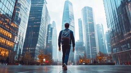 A man walking in the middle of a city