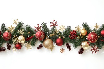 Wall Mural - A long garland of Christmas ornaments and pine branches on a background with snowflake