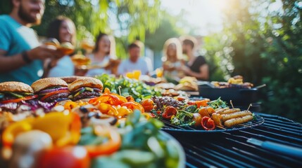 Friends gather outdoors during a sunny afternoon to enjoy a variety of delicious vegan, gluten-free, and autoimmune-friendly dishes, sharing laughter and good food