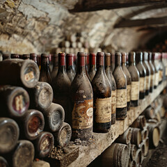 Dusty wine bottles resting on a wooden shelf in an old cellar waiting to age