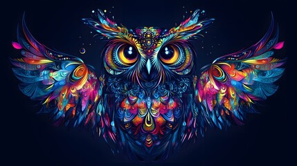 Owl with wings spread in detailed geometric patterns and vivid colors on a dark backdrop