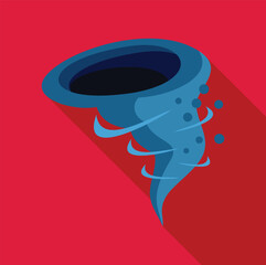 Poster - Powerful blue tornado rotating with debris flying around, flat design with long shadow on red background