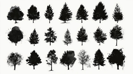 Trendy set of black silhouettes of trees on a white background, made with ink, rough brushstrokes. Generative AI