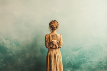 A young girl stands in the spotlight, holding her teddy bear against an empty wall. She is dressed in white and has blonde hair tied back into pigtails. Created with Ai