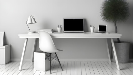 A minimalist office desk with a computer and books on top,