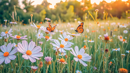 Poster - Morning meadow landscape with flowers butterflies. Dream enchanting beautiful nature closeup. Peaceful blurred bokeh forest trees idyllic floral field stunning sunset sunlight. Natural outdoors. AI