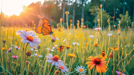 Poster - Morning meadow landscape with flowers butterflies. Dream enchanting beautiful nature closeup. Peaceful blurred bokeh forest trees idyllic floral field stunning sunset sunlight. Natural outdoors. AI