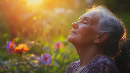 A serene image of an elderly woman enjoying a peaceful moment in a garden, with soft light highlighting her calm and serene expression