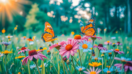 Wall Mural - morning meadow landscape with flowers butterflies. dream enchanting beautiful nature closeup. peacef
