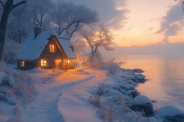 cozy thatched roof cottage near snowy beach at twilight warm glowing windows festive holiday lights charming winter wonderland scene