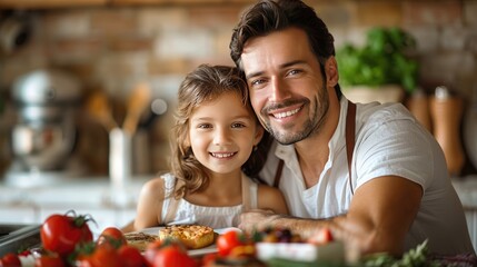 Handsome father with his little cute girl are having breakfast on kitchen.  