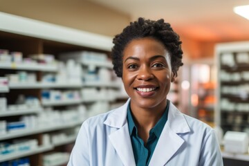 Sticker - Smiling portrait of a middle aged female pharmacy worker