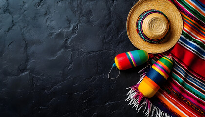 Canvas Print - cinco de mayo holiday background made from maracas mexican blanket stripes or poncho serape and hat on dark stone background