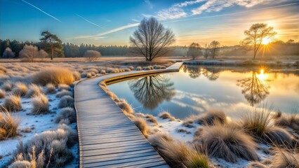 Sticker - a frosty boardwalk glistens over pudmore pond