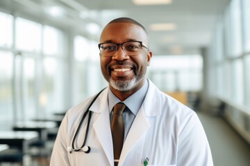 Wall Mural - Portrait of a smiling middle aged male doctor in hospital