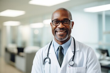 Wall Mural - Portrait of a smiling middle aged male doctor in hospital