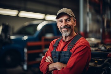 Wall Mural - Portrait of a middle aged male car mechanic in workshop