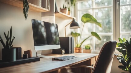 Aufkleber - A stylish desk with a designer chair, a sleek computer setup, and decorative elements like a desk lamp and plant, set in a bright and airy office space