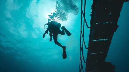 Wall Mural - A scuba diver swims past a ladder on a shipwreck.