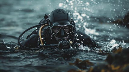 Wall Mural - A scuba diver surfaces in rough water.