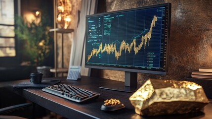 Poster - A stylish office setup with a computer monitor showing a gold price chart, alongside a gold ingot and financial news articles for a comprehensive view