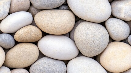 A close-up view displays a variety of small, smooth white pebbles arranged on a natural stone surface, showcasing intricate textures and natural lighting for a crisp appearance SEAMLESS PATTERN